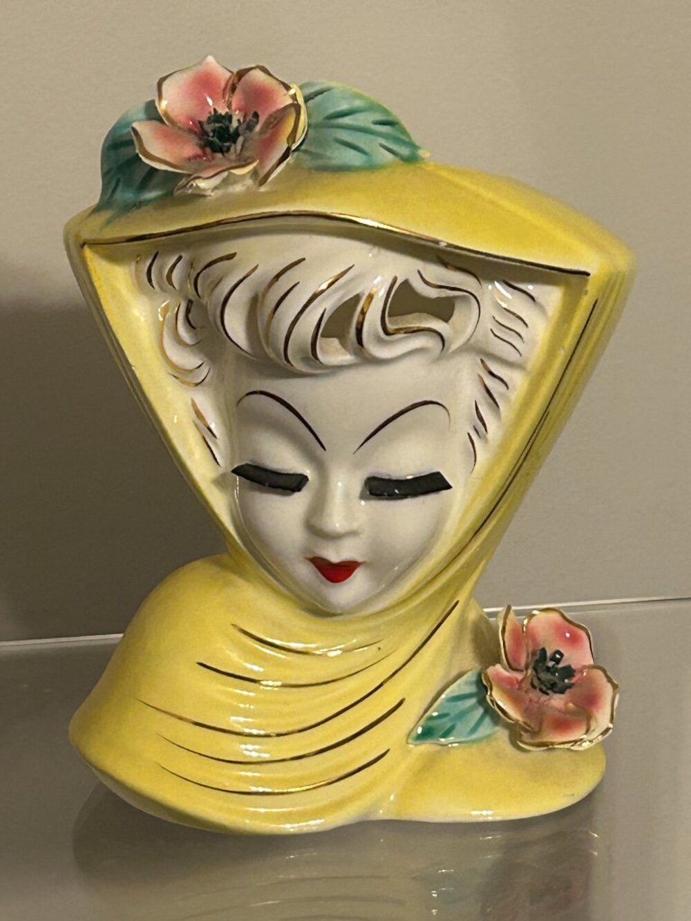 Vintage LEFTON Yellow June Porcelain Lady Head Vase / Wall Pocket 5.75"
